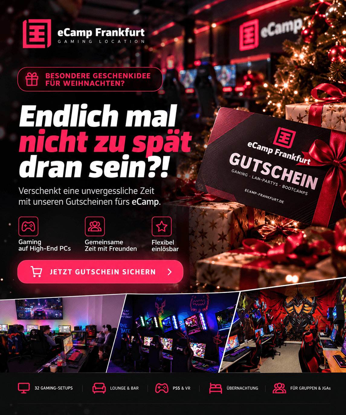 Weihnachts-Gutscheinaktion eCamp Frankfurt mit echten Fotos unserer Gaming-Räume